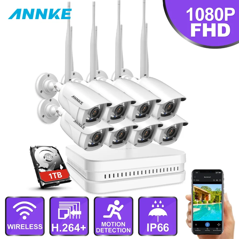 ANNKE 8CH 1080P FHD Wi-Fi беспроводная NVR система видеонаблюдения 8 шт. ip-камера wifi IP66 Водонепроницаемая камера видеонаблюдения Комплекты видеонаблюдения