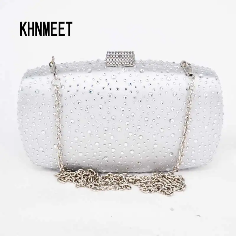 Women Solid white satin Box Clutch Mini Hardcase Metal Clutches Evening