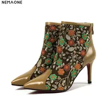 NEMAONE New genuine leather ladies boots women 8cm high heels flower ankle boots woman party wedding dress shoes large size 42