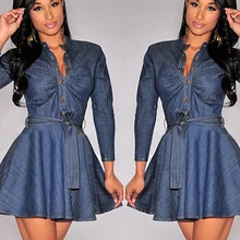 Women’s Fashion Slim Fit Bowknot Belt Long Sleeve Shirt Denim Jean Dress smt102