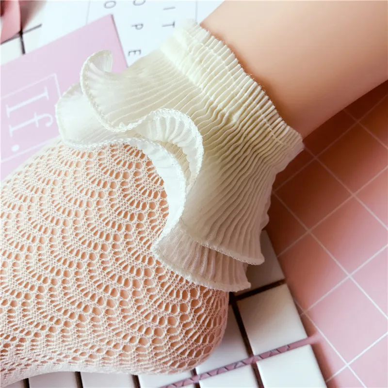Корейские женские шифоновые короткие носки с рюшами и оборками в стиле Харадзюку, милые винтажные женские летние белые сетчатые Свадебные носки в стиле ретро с цветочным рисунком - Цвет: Beige