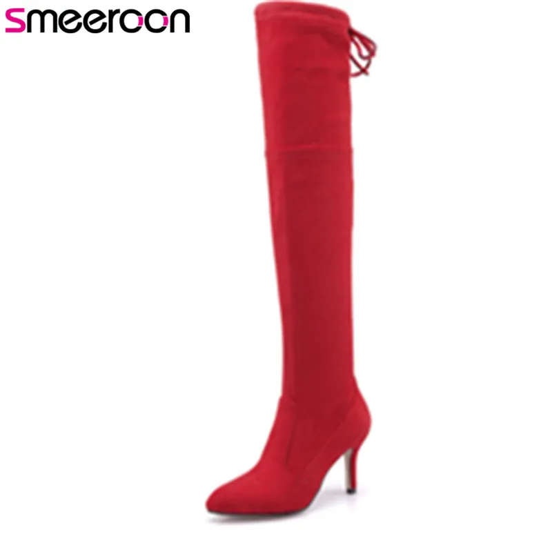 

Smeeroon 2018 new fashion over the knee boots pointed toe autumn winter boots flock high heels women boots party shoes