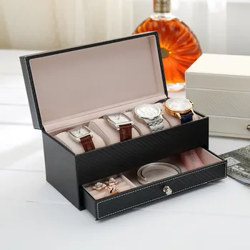 

Luxury Watch Box Organizer Case 4 Grids PU Leather Rectangle Storage Boxes Bins with Drawer Makeup Travel Jewelry Display Holder