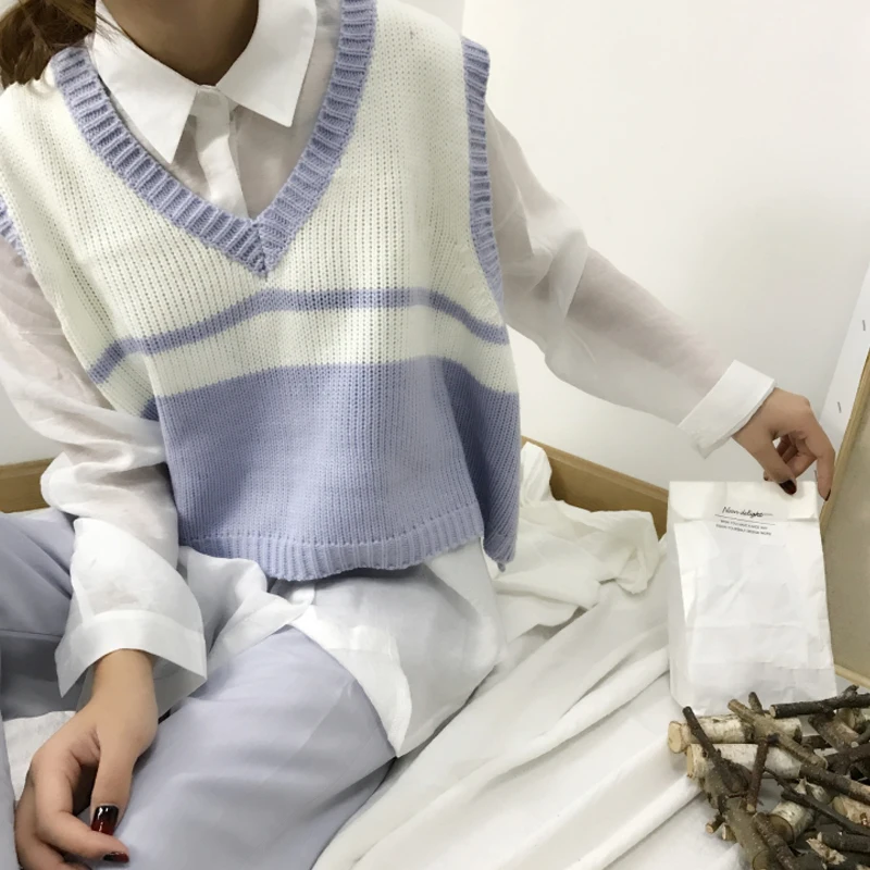 

Harajuku Casual Camlisole Female Crop Top 2018 Autumn Knitted V-neck Loose Striped Color Matching Short Pullover Sweater Vest