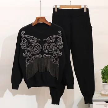 

Women Winter Tassel Sweaters Pants Set Handmade Pearls Long Sleeve Knitted Pullover Tops Trousers 2PCS Suits Female Tracksuits