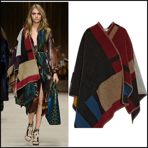 Cashmere Scarf Patchwork Plaid Poncho High Quality Women Runway Cape