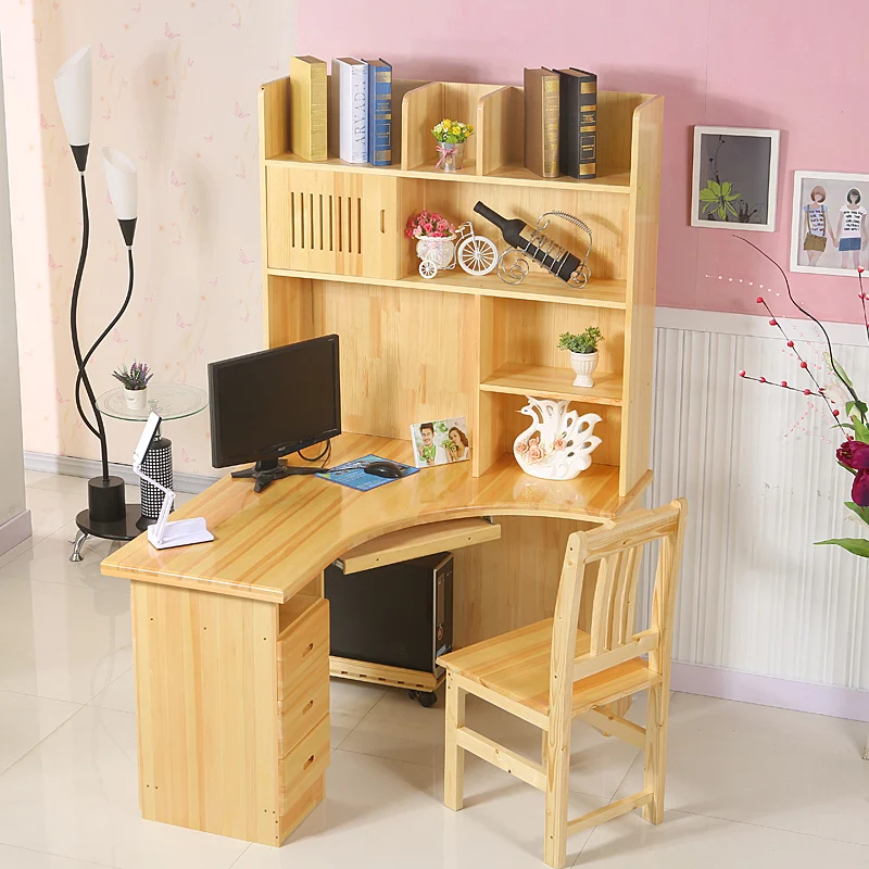 Spike Wood Computer Tables Corner Desk With Bookcase Combination