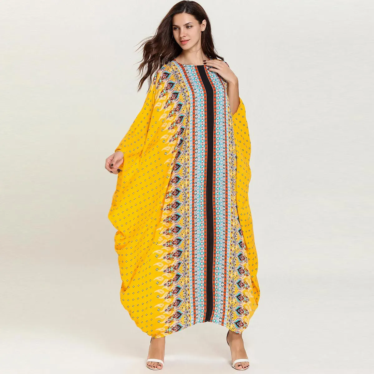 

Women Batwing Sleeve Muslim Dress Printed Loose Dubai Abaya Robe Kaftan Moroccan Arabic UAE Islamic Gown VKDR1688