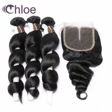 Chloe волосы малазийские Свободные волны 3 шт. человеческие волосы пучки с кружевом Закрытие 3 пучки волосы remy волна пучки с закрытием