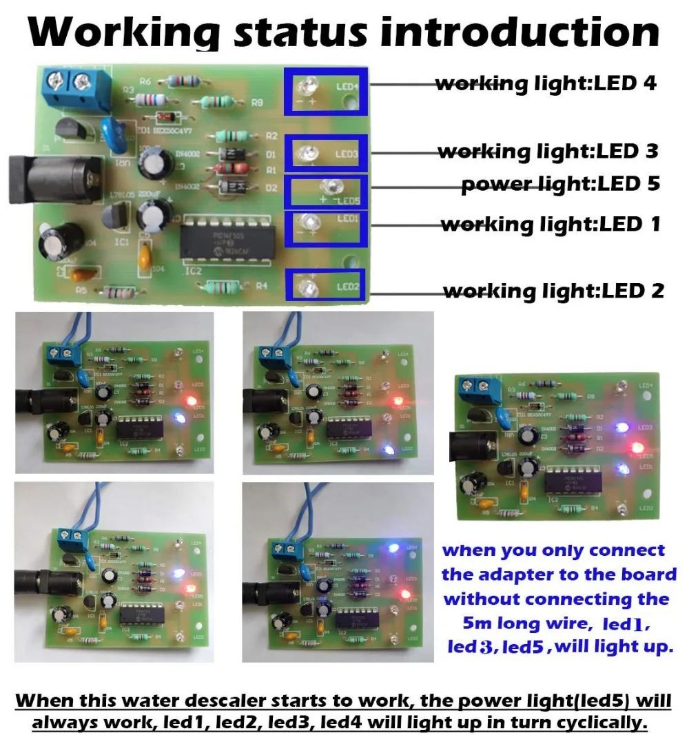 Electronic Water Descaler Decalcifier Conditioner DIY Assembled Kit for Copper PVC Pipe, 5 Led Lights Show Working Status