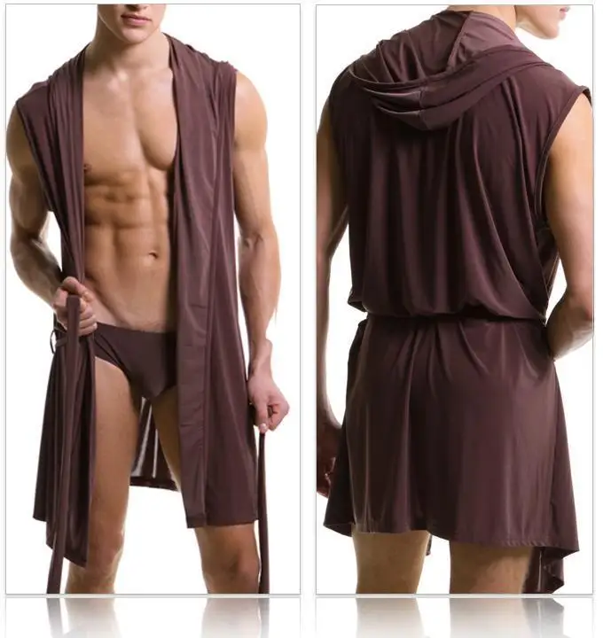 Для мужчин одеяния удобные повседневные халаты без рукавов вискоза пикантные с капюшоном домашний халат Мужская сексуальная пижама одежда для отдыха - Цвет: Коричневый