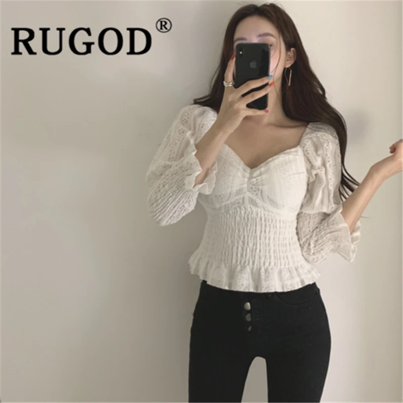 RUGOD Женская однотонная Элегантная блузка с v образным вырезом и пышными рукавами