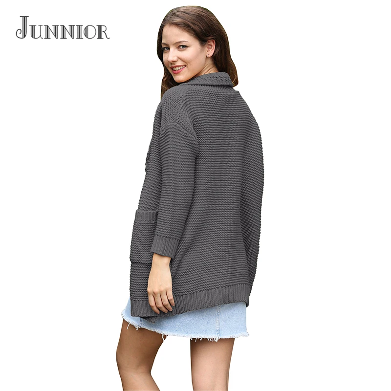 JUNNIOR 2018 New Arrival Cardigan Women Pockets Patchwork Sweaters Long Sleeve Casual Loose Knitted Sweater Sweaters