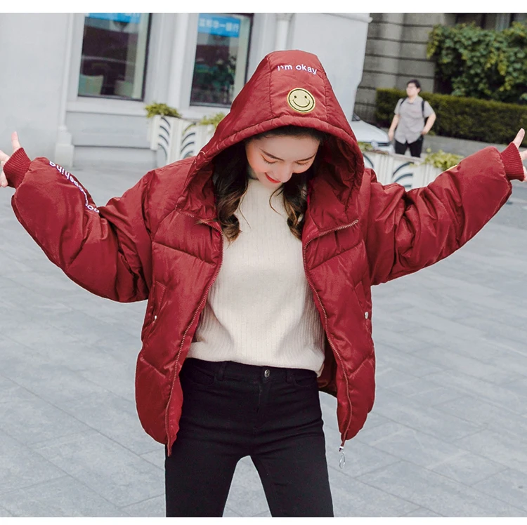 Новое поступление модный принт улыбающееся лицо Зима Для женщин парки 2018 с капюшоном с длинным рукавом вниз хлопковая куртка зимние пальто