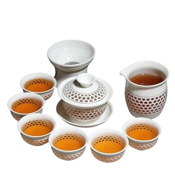 

Dehua hollow transparent Kung Fu tea set Whole set ceramic teapot tea cups bowl white porcelain teaset home office tea set