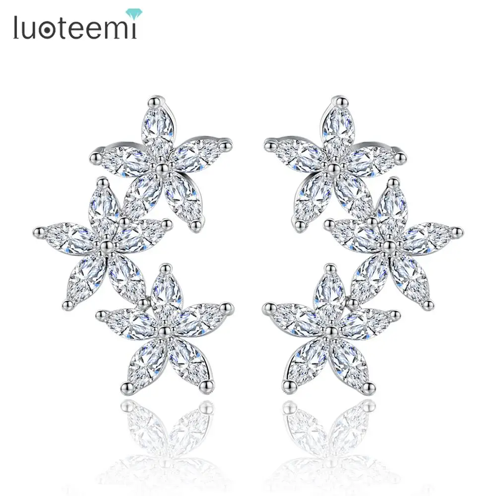 

LUOTEEMI Charm Flowers Blossoming Stud Earrings for Women Wedding Cubic Zircon White Gold Color Fashion Jewelry Gift Brincos