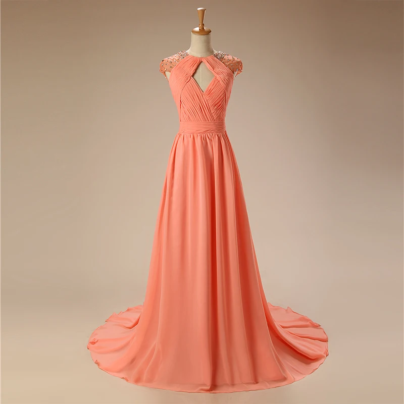 Peach Evening Dresses 2018 A-line Cap Sleeves Chiffon Crystals Backless Long Plus Size Evening Gown Prom Dresses Robe De Soiree