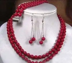 БЕСПЛАТНАЯ ДОСТАВКА>> 2 ряда 8 мм Тибет red coral ожерелье серьги браслет набор