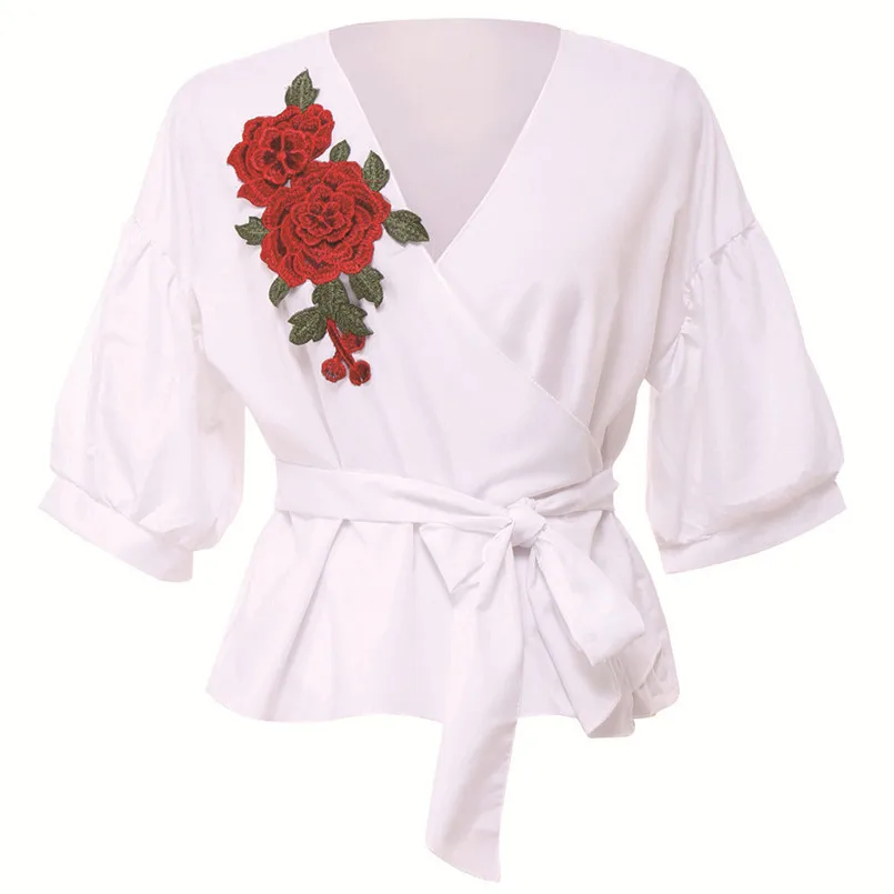 Plus Size New Women's V-Neck Tie With Embroidered Applique Shirt And Blouse With Medium Sleeves Fashion Women Blouses 40DE24 (3)