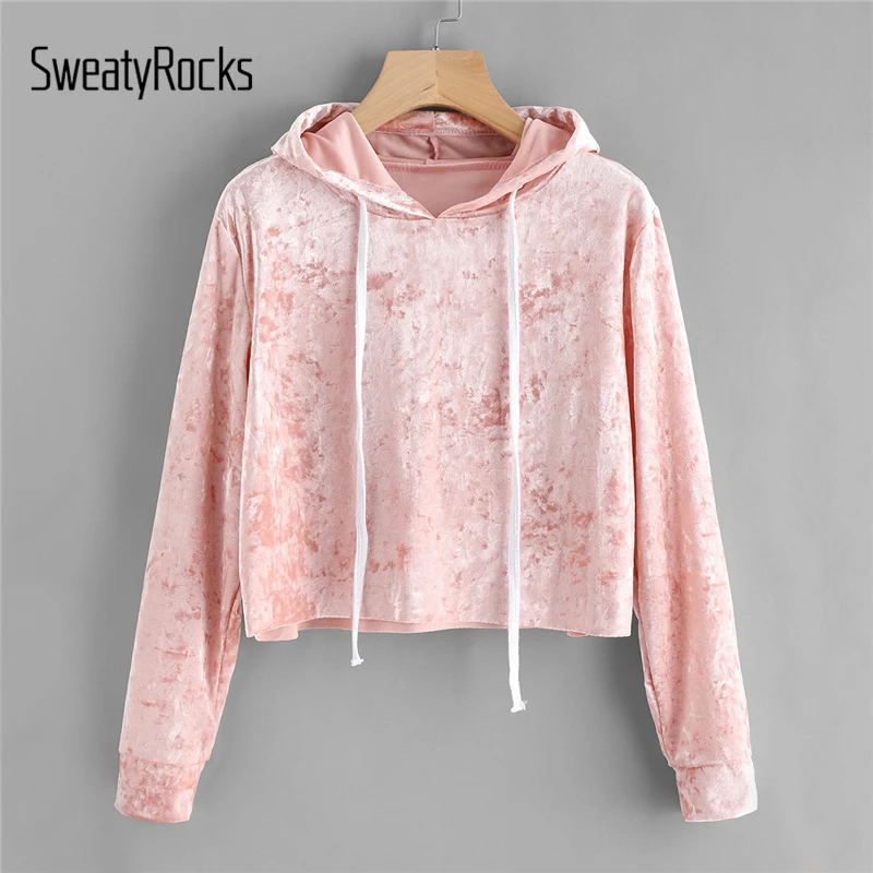 

SweatyRocks Fashion Women Sweatshirt Solid Hoodies Velvet Drawstring Crop Tops Long Sleeve Womens Pullovers Casual Sweatshirts