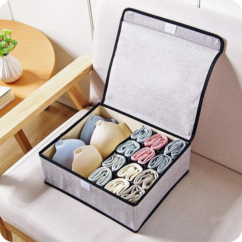 Collapsible underwear sock storage box cotton linen design 3 colors Closet Organizers Boxes For Underwear Scarfs Socks Bra-66730