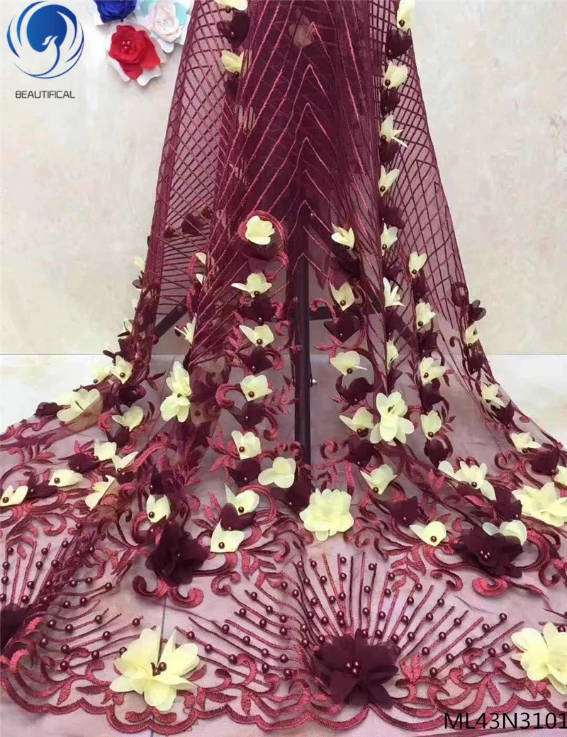 

BEAUTIFICAL 3D flower lace fabrics 2019 new arrival african tulle laces fabric with beads for wedding dress 5yards/lot ML43N31