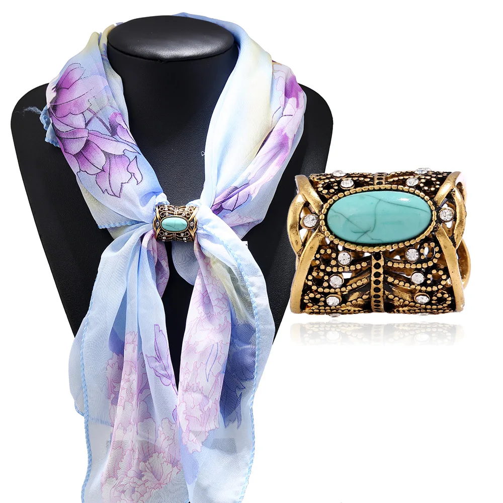 Vintage Blue Natural Stone Scarf Buckle Tube Hollow Rhinestone Shawl Silk Scarf Clips Pins
