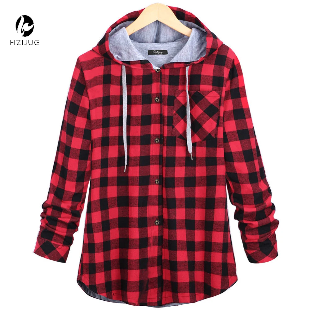 HZIJUE Women Casual Red Plaid Shirt Hooded Long Sleeve England Shirt ...