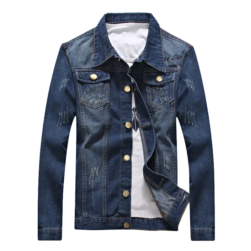 

2019 Spring Slim Male Denim jacket Outerwear Men Hole Long Sleeve Street Star Patchwork Cotton Fashion Trend casual Denim Coat