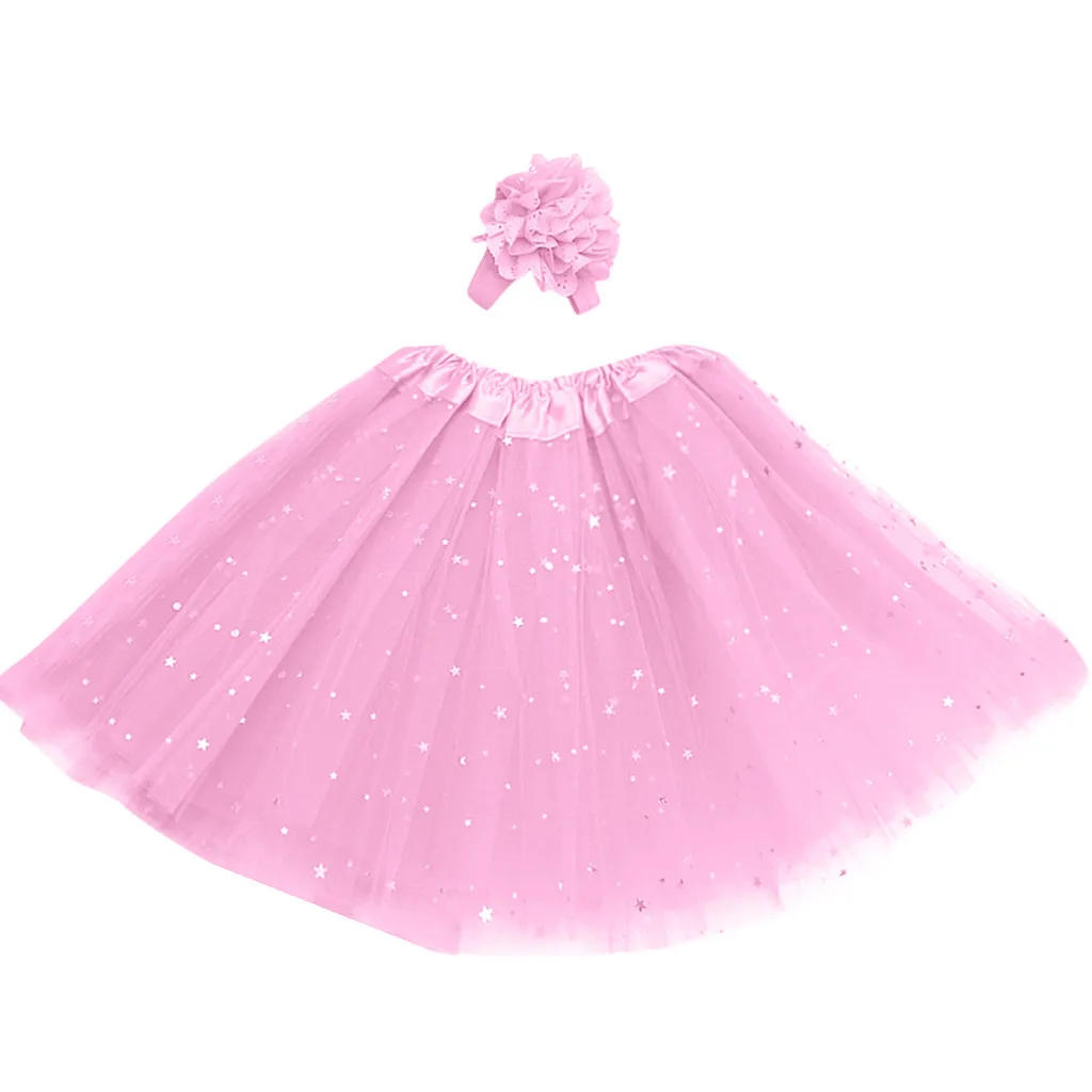 Юбка для девочек; детская одежда; ярусная юбка для девочек; юбка-американка с блестками и звездами; повязка на голову; юбка-пачка; Одежда для танцев; spodnica - Цвет: Розовый