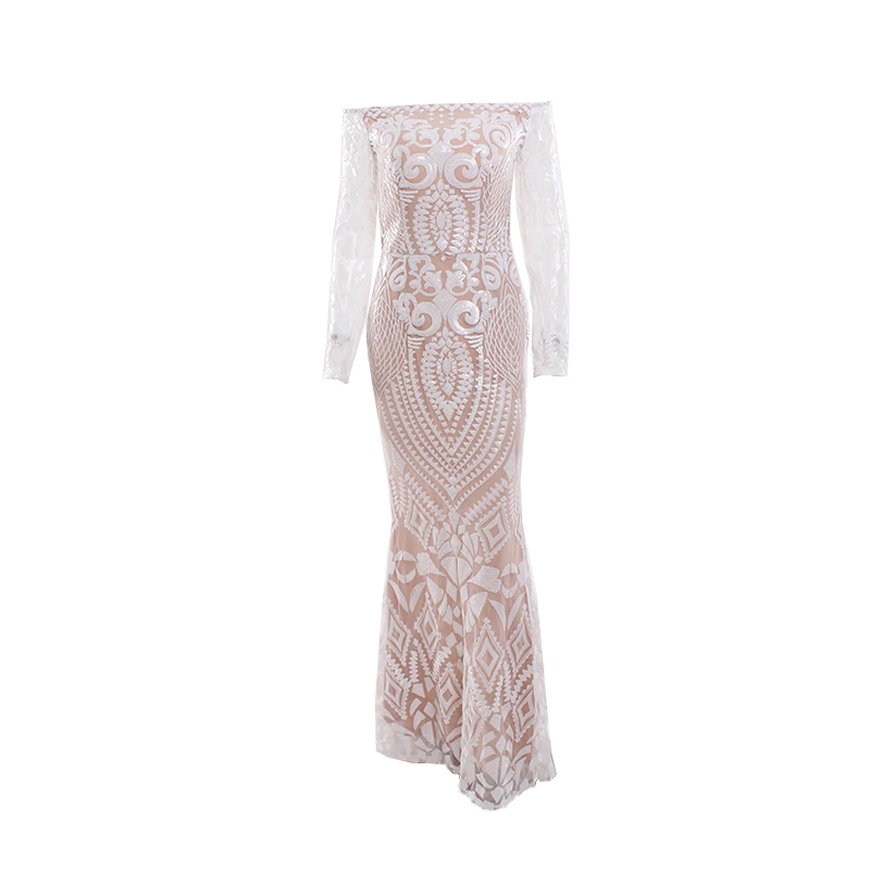 

2018 Off Shoulder Bodycon White Sequined Party Maxi Dress Sexy Slash Neck Long Sleeve Gemetric Night Club Dress