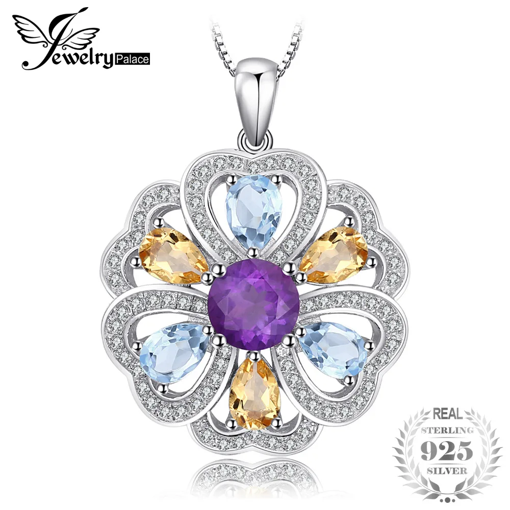 

JewelryPalace Flower Heart 4ct Genuine Amethyst Citrine Sky Blue Topaz White Topaz Pendant 925 Sterling Silver Not Include Chain