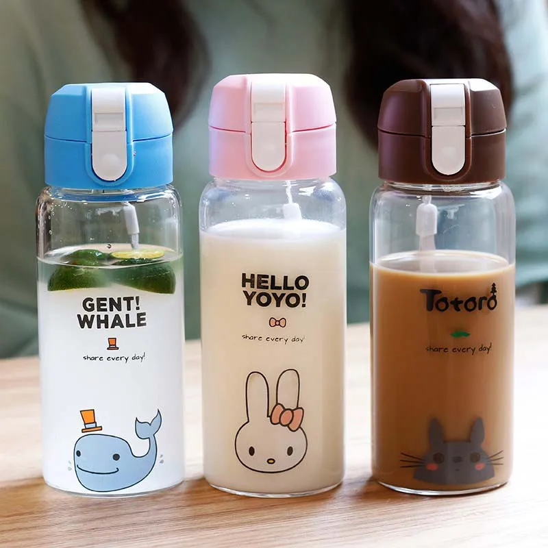 

Creative Cartoon Cute Totoro Cactus Thick Glass Water Bottle with Bounce Button Lid Women Girl Office School Drink Bottle
