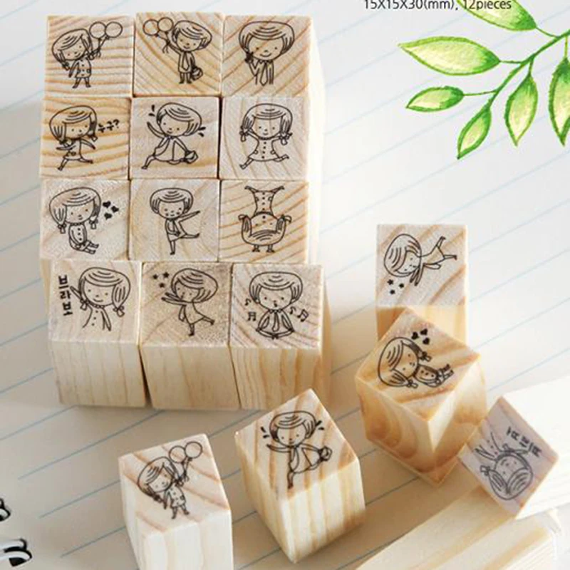 12pcs/set DIY Scrapbooking Vintage Wood Stamps Decoration Creative Girl