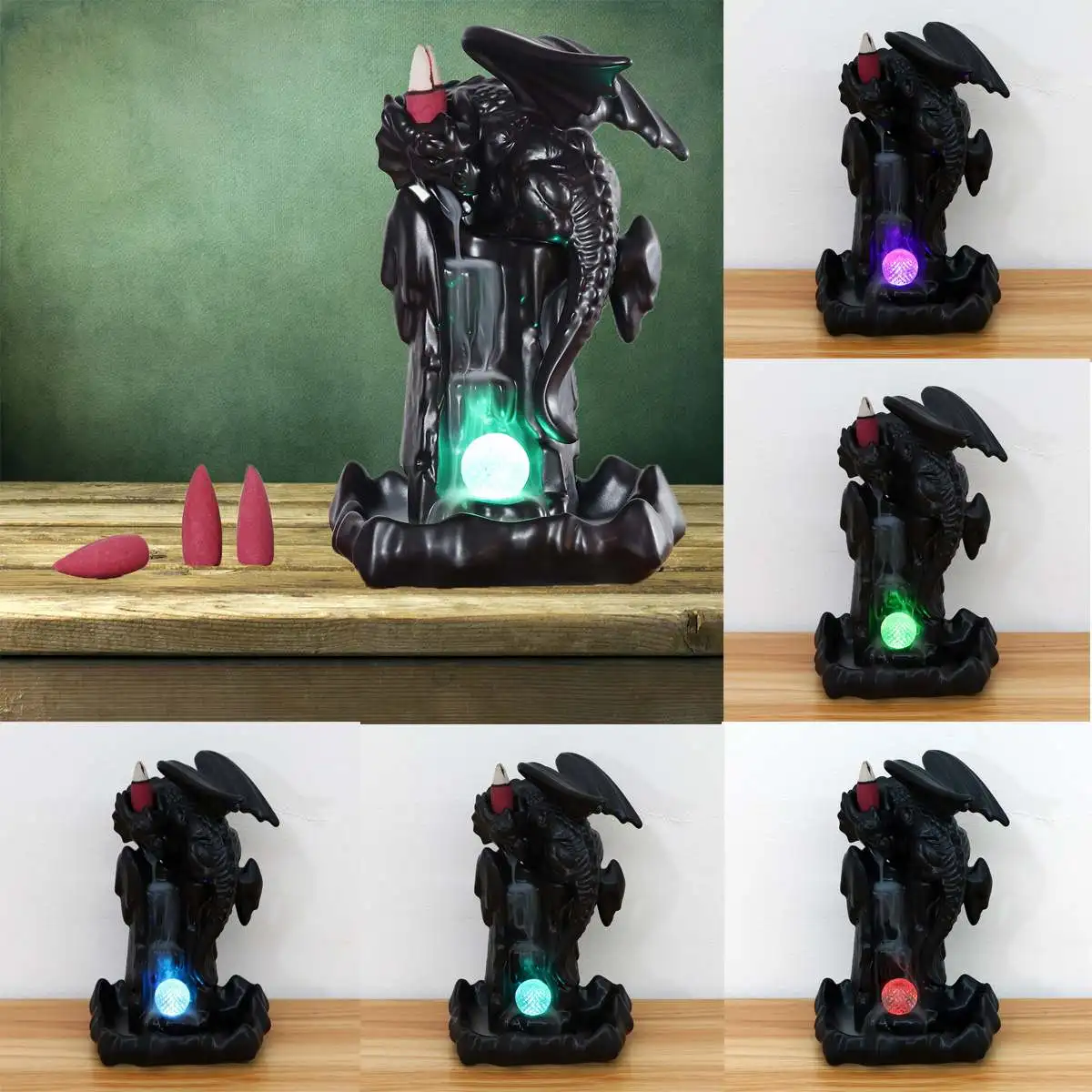 

New Dragon Ceramic Smoke Backflow Incense Burner Dragon Waterfall of Smoke Home Decor Cone Incense Holder LED Glowing Ball Cones