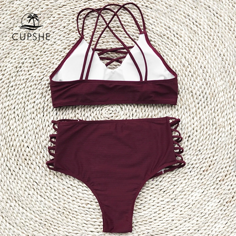 CUPSHE Wine Red High-waisted Halter Bikini Set Women Burgundy Cutout Two Pieces Swimwear 2019 Girl Solid Lace up Swimsuit