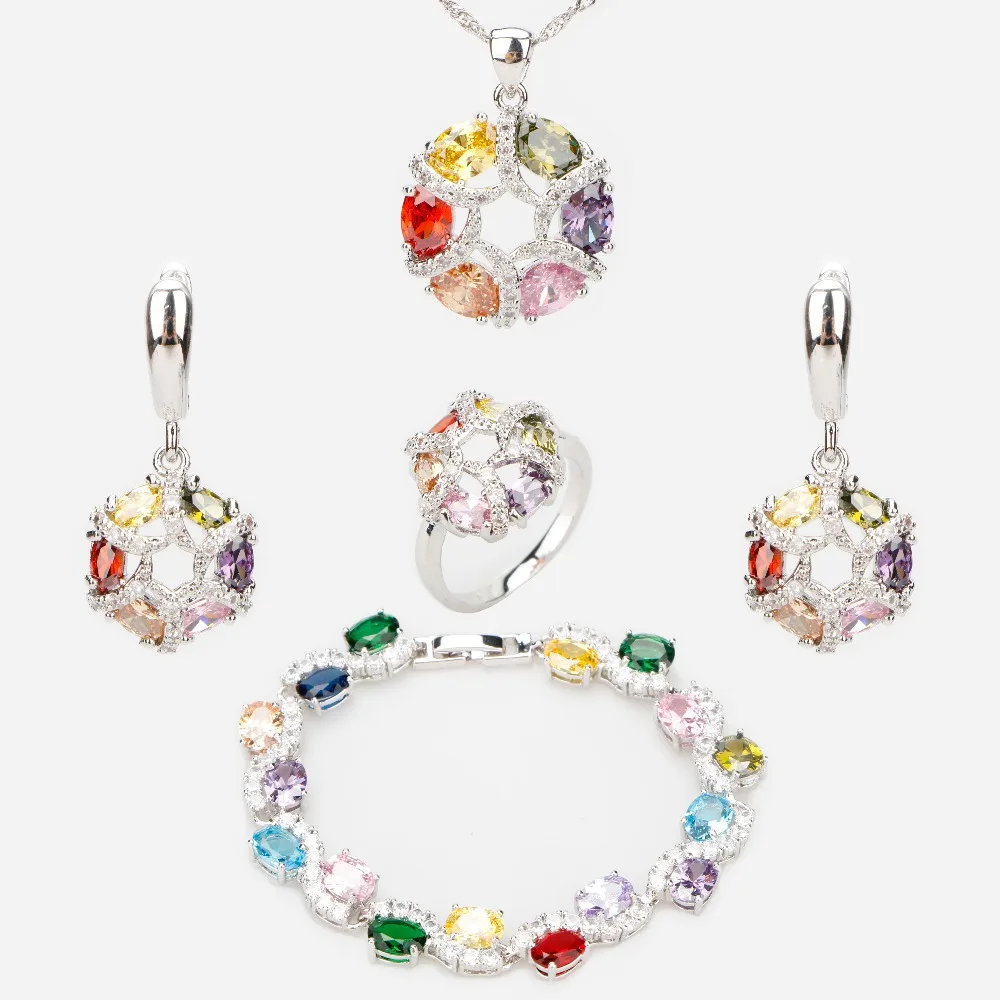 

Women Colorful Zircon Silver 925 Bridal Jewelry Sets Earrings Stones Pendant Necklace Rings Bracelets Set For Wedding Gift Box