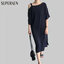 Летнее Новое Женское модное платье, шифоновое платье свободного кроя с короткими рукавами и косой линией плеч