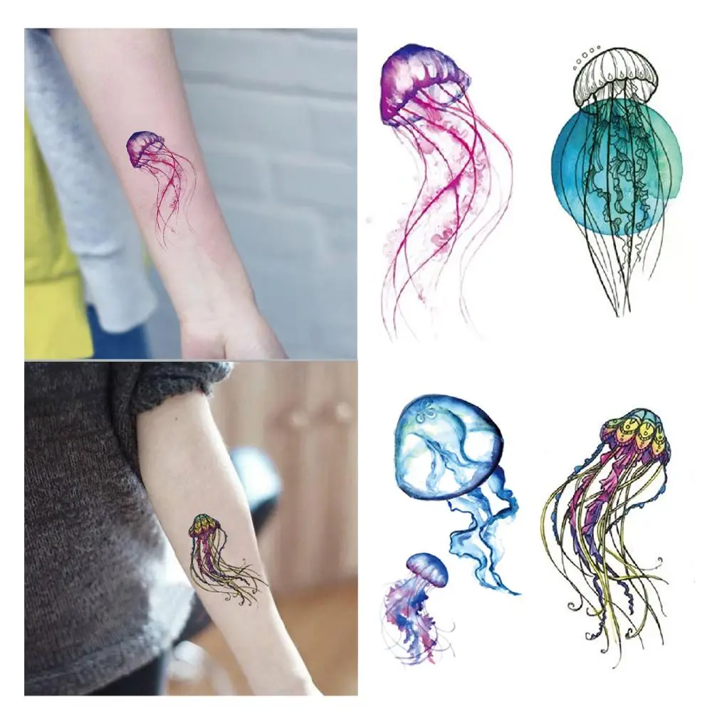

Waterproof Temporary Fake Tattoo Stickers Watercolor Pink Blue Jellyfish Ocean Design Body Art Make Up Tools