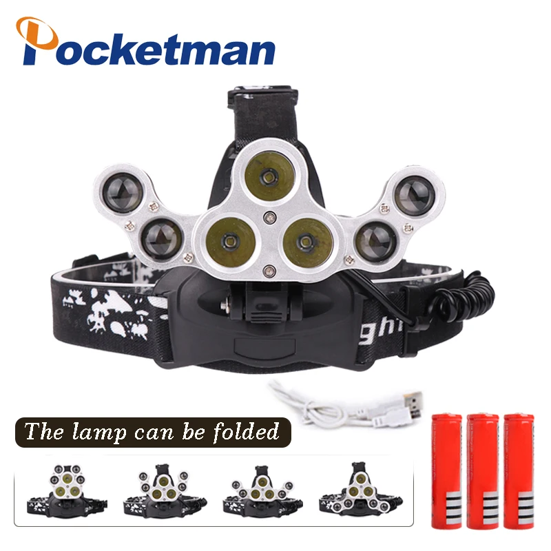 

50000 Lumens 7 Led Headlamp 3*T6+4*Q5 Head Lamp foldable Flashlight USB Rechargeable Led Headlight 18650 Head Torch