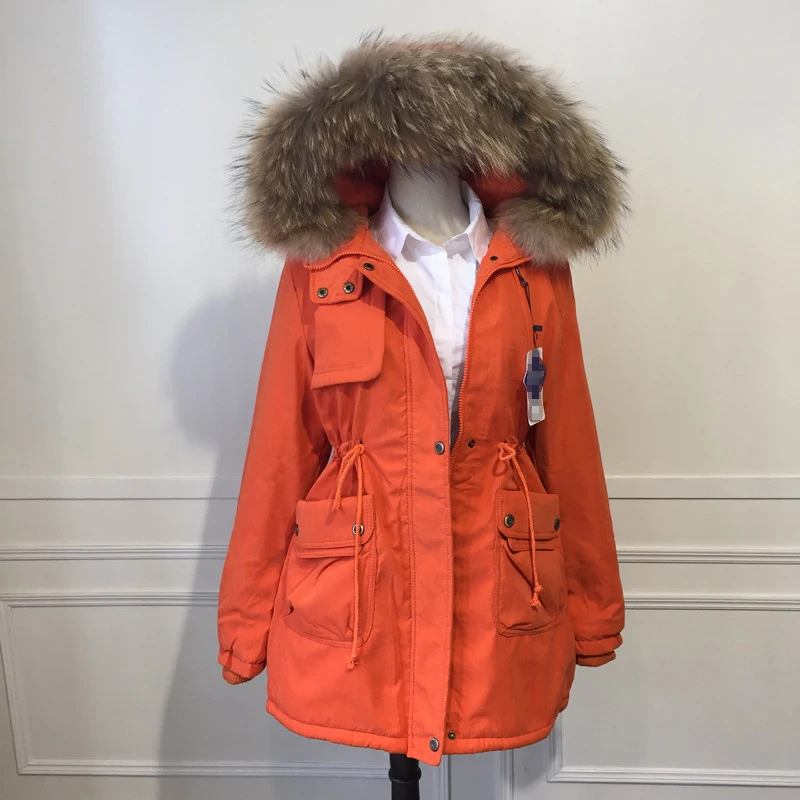 Новинка, зимняя куртка с капюшоном и большим мехом енота, Женская парка, пальто из натурального меха для женщин, толстая мягкая подкладка, Abrigos Mujer