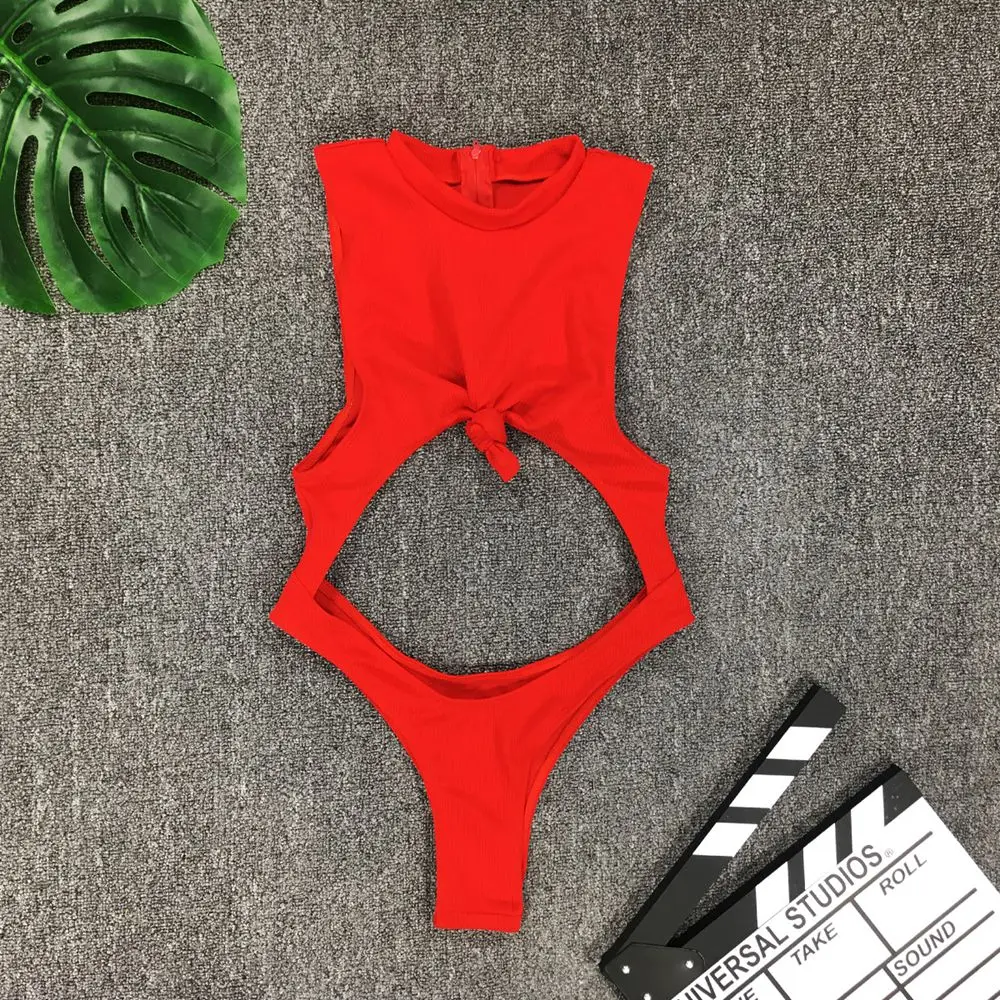 Women's High Cut Solid Knot One Piece Swimsuit - Micro Monokini Zipper Maillot Ribbed Swimwear with High Leg Cut image 6