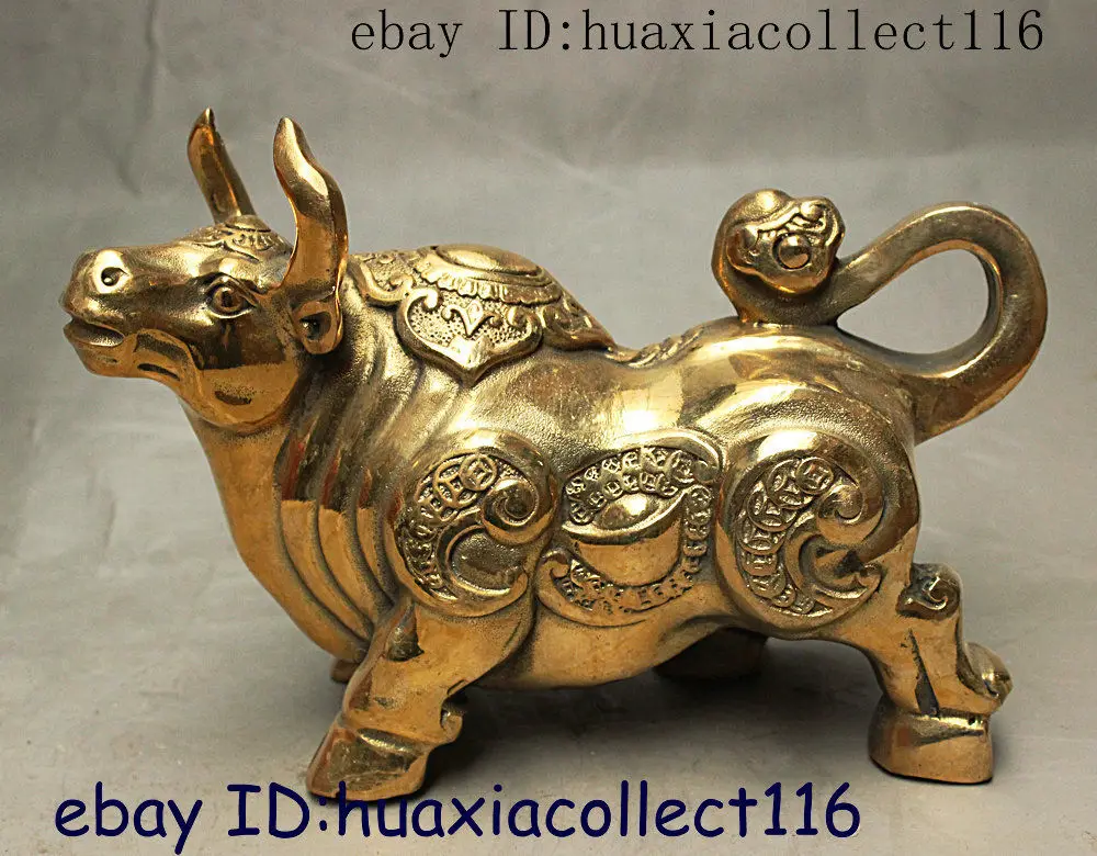 

China Brass Copper Wealth YuanBao Money FengShui Zodiac Bull Oxen Animal Statue