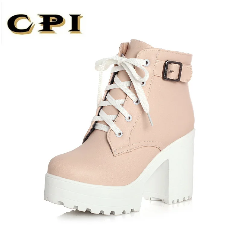

CPI Autumn Boots Boots Women Round Toe Buckle Shoes Women High Heel Fashion Plus Size Square Heels Lacing 3 Colors A35-46
