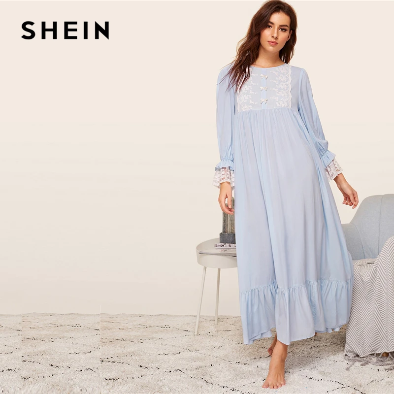 SHEIN Длинная Ночная Рубашка С Кружевными Рукавами, Пижама С Длинными Рукавами