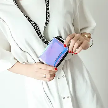 

Hot Holographic Laser Women Purse Card Holder Short Wallet with Neck Hanging Strap