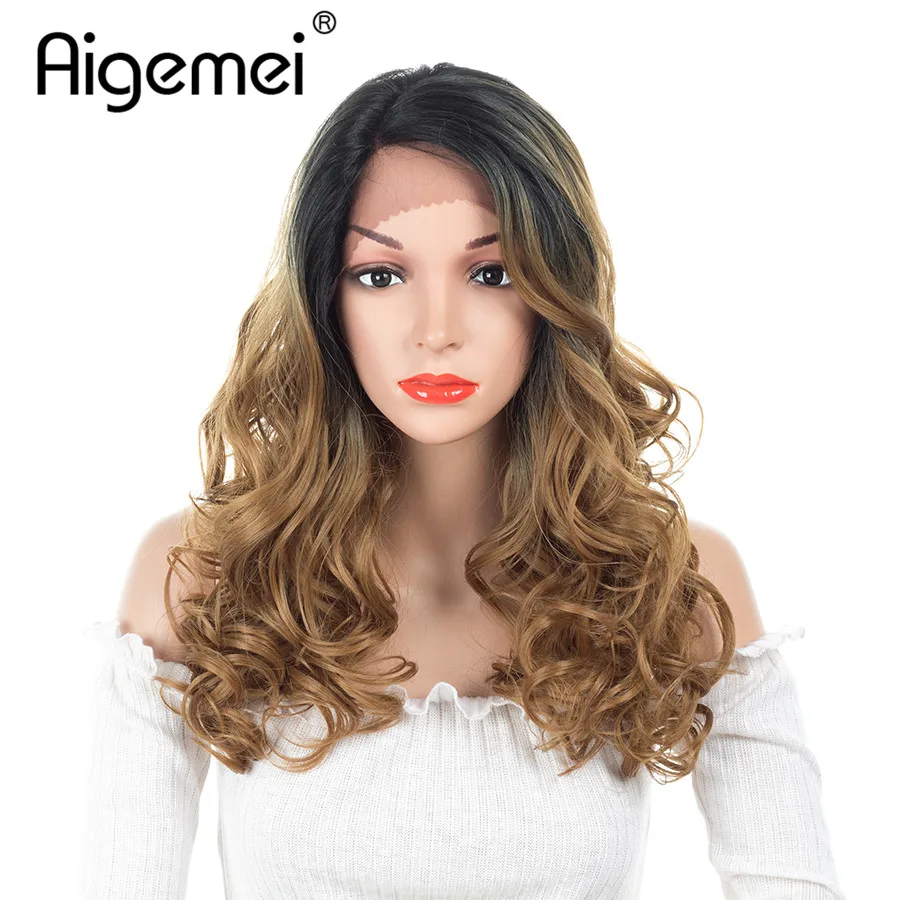 

Aigemei 16inch Curly Wigs 150 Density Synthetic Lace Front Wig Heat Resistant Hair Ombre Burgundy Wigs Natural Hairline