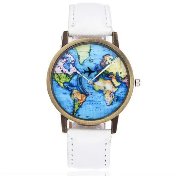 

New Global Travel By Plane Map Women Dress Watch Denim Fabric Band 11.21