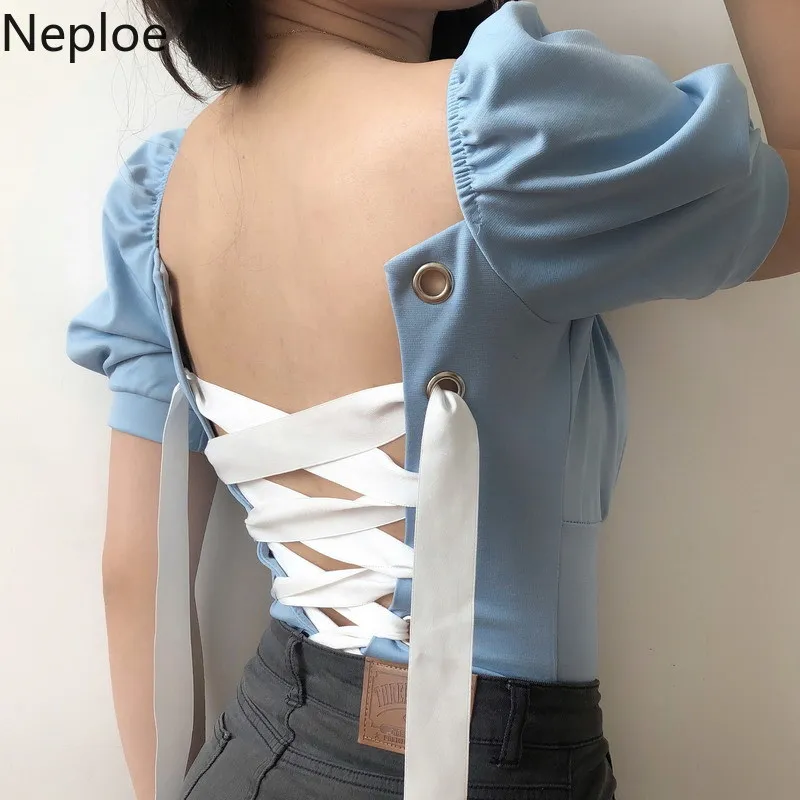 Neploe Palace Style Drawstring Women Shirts New Square Collar Puff Sleeve Blusa Sexy Backless Slim Fit Ladies Tops 45070