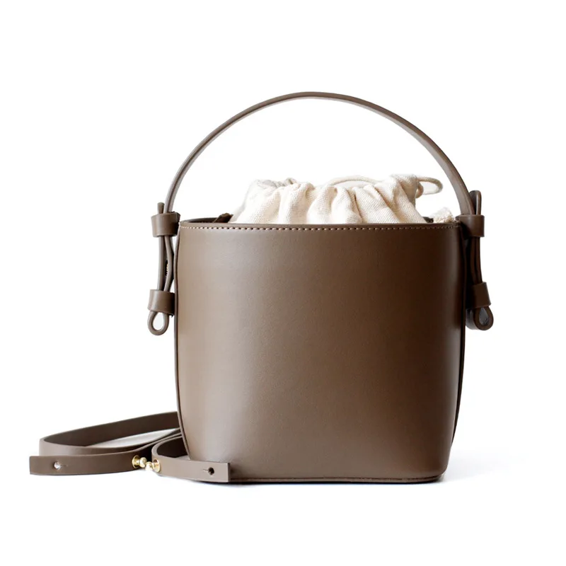 

2019 New Vintage Genuine Leather Women Bucket Bag Simple Design Small Handbag Drawstring Mini Lady Tote Shoulder Crossbody Bag